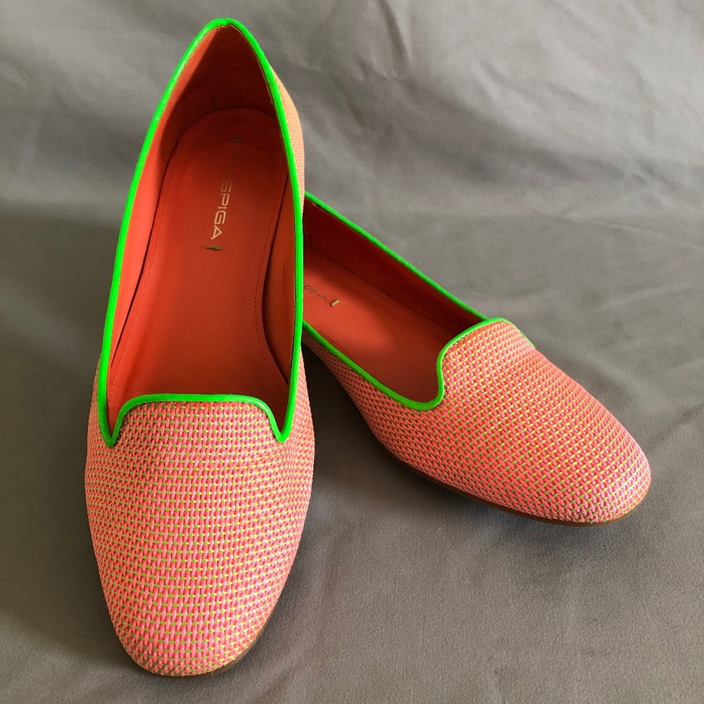 Via Spiga Bright Pink and Green Canvas Ballet Flats